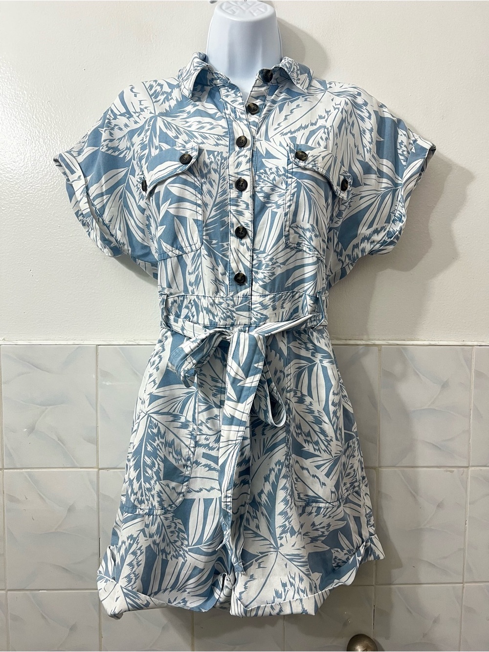 Boden Romper Shorts Women 8P Preppy Utility Travel Linen Tropical Coastal Blue